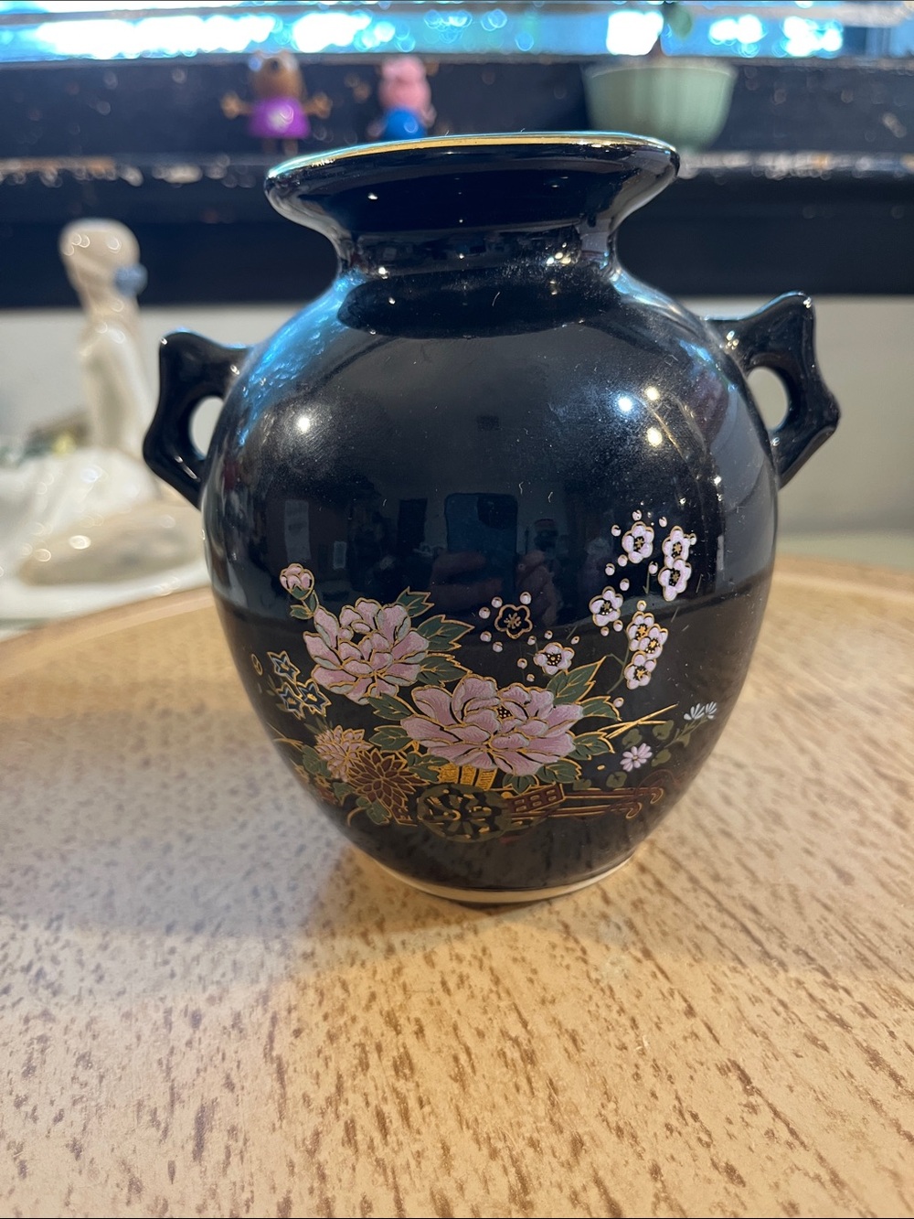 Black Floral Ceramic Accent Vase with Pink Blossoms